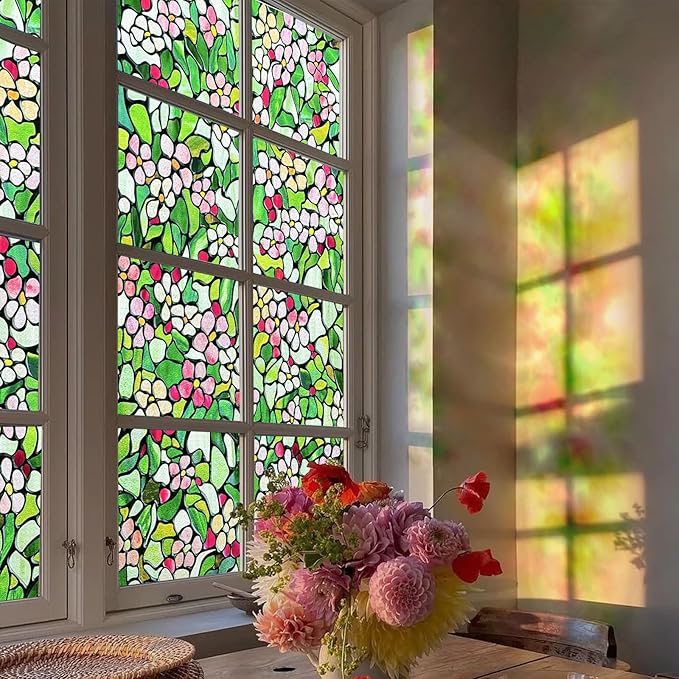 3D Stained Glass Window Film, Decorative Window Privacy Film for Bathroom,Front Door,Home, Sun Blocking Heat Control,Static Cling,23.6inch x 35.4inch Blossomray