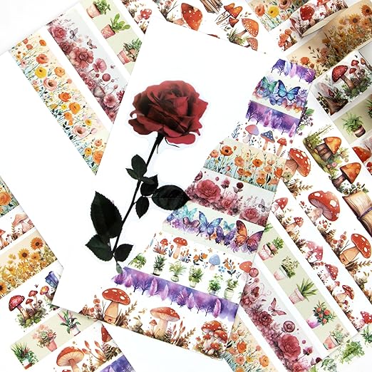 Washi Tape Set 13 Rolls - Mushroom Butterfly Floral Decorative Tape, Colored Masking Tape for Scrapbooking Supplies, Bullet Journal Supplies, Junk Journal, DIY Crafts Art