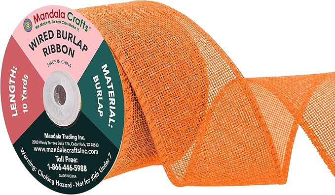 Mandala Crafts Orange Burlap Wired Ribbon 2.5 Inches Wide Jute Ribbons for Crafts - 10 Yds Roll Rustic Burlap Wrap Trim Ribbons for Wreaths Bows Party Decoration