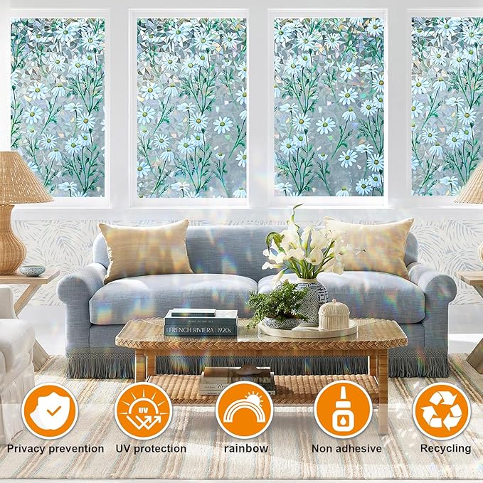 Window Privacy Film Stain Glass Window Film Rainbow Window Film Window clings Non-Adhesive Reusable Decorative for Room (Daisy Rainbow, 45.2 x 157.4 in)