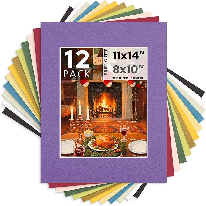Mat Board Center, 11X14 Mix Color Mats for 8X10 Pictures - Acid Free, 4-Ply Thickness, White Core, Bevel Cut - for Artworks, Photos, Framing - Pack of 12