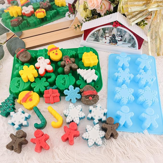 Christmas Silicone Molds Christmas Chocolate Molds Candy Molds for Baking Sweet Treats,Cake Xmas Gift Handmade Soap Candles with Shape of Christmas Tree, Santa Head Party Decoration Red,Green,Blu