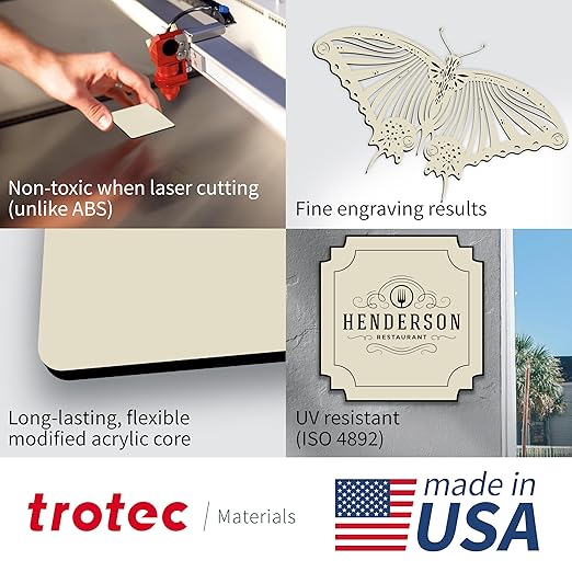 Trotec TroLase | 12"x20"x1/16", 4 Pcs | Almond/Black | 2 Ply | Modified Acrylic | Laser Engraving Double Color Plastic Sheet | Engraving Blanks for Laser, Saw, Guillotine | Made in USA