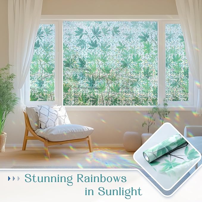 Haton Window Privacy Film, Decorative Stained Glass Window Clings, 3D UV Sun Blocking Sticker, Removable Static Cling Heat Control Tint for Home Door, Leaf Rainbow, 17.5" x 157.4" Non-Adhesive