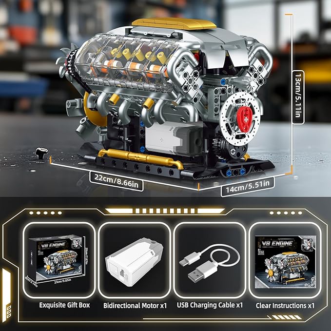 V8 Engine Building Kit for Adults, Build Your Own MOC Mini V8 Engine Model Toy for Display, Compatible with Lego Car Set, STEM Building Project for Teens & Kids Boys 8-14 (692 PCS)