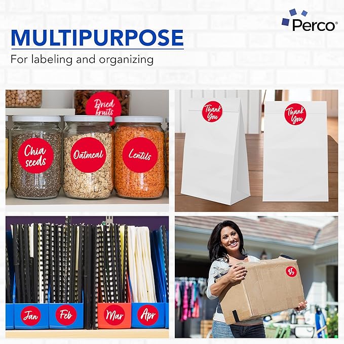 Perco Red 3-Inch Perforated Circle Dot Sticker Labels — 10 Rolls, 5,000 Round Stickers — with Permanent Adhesive for Moving Boxes, Sale Signage, Displays, Status Messaging—Made in USA