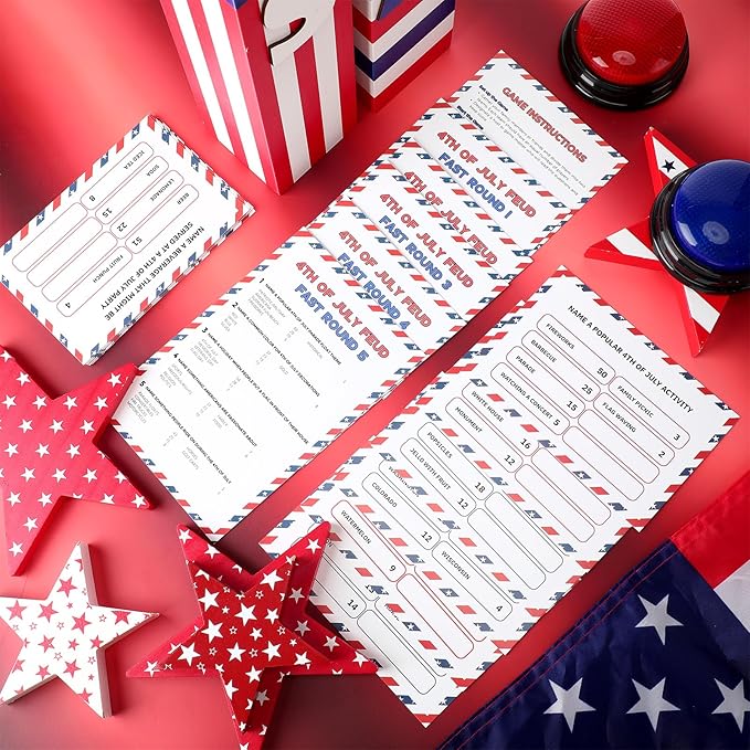 4th of July Friendly Feud Game with 2 Answer Buzzers, Independence Day Feud Cards for Family Game Night Fun Trivia Quiz for Party Office Class Groups Team Building (Red White Blue, Patriotic)