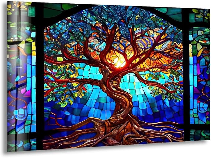 My Photostation.com 35.5Wx30H'' Stained Blue Life of Tree Glass Wall ArtTempered Glass Printing Wall Decor Large Wall Art Wall Hangings