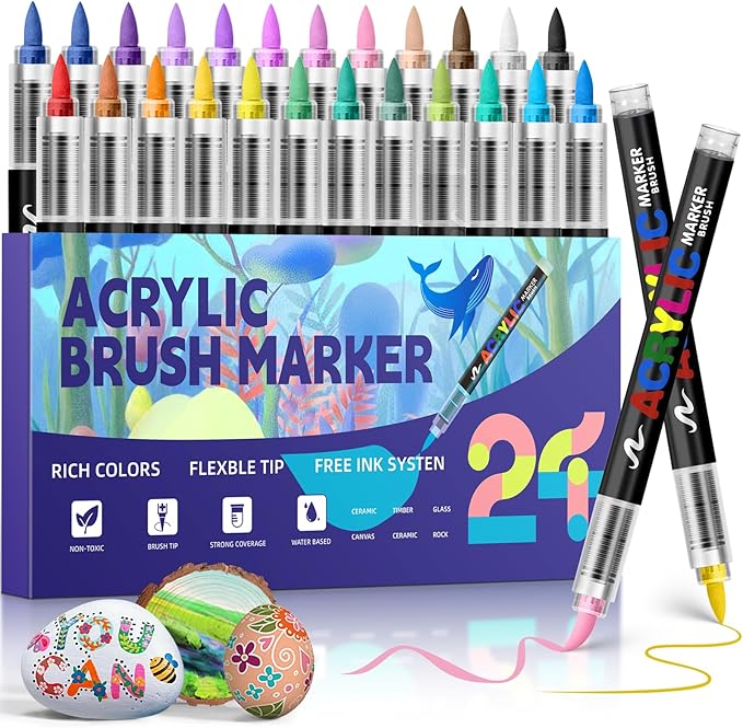 GOTIDEAL Acrylic Paint Markers Brush Tip,Waterproof Paint Pens acrylic Markers,No Bleed Acrylic Brush markers for Fabric,Wood,Rocks,Canvas Painting,Glass,Ceramic,Art Craft Supplies(24 Colors)