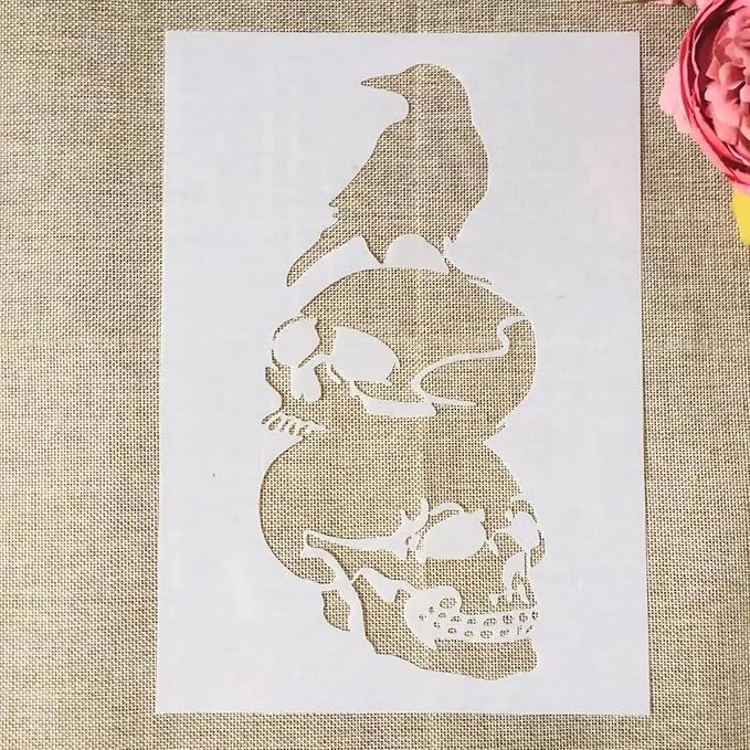 TIAMECH A4 Reusable Halloween Crow Skull Stencil for Painting - Horror Ghost Atmosphere Layering Template, DIY Wall Art, Wood Furniture, Scrapbook & Crafts (8.3x11.7inch)