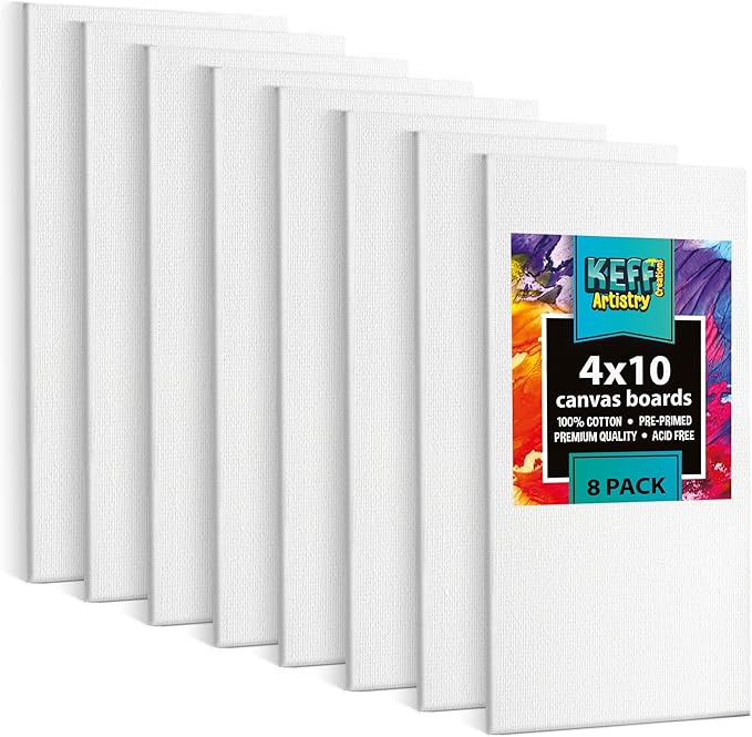 KEFF Canvas Boards for Painting - 4x10 8-Pack Bulk Canvas Panels, 100% Cotton Triple Primed Small Canvases for Painting Supplies, Acrylic, Oil, Watercolor & Tempera