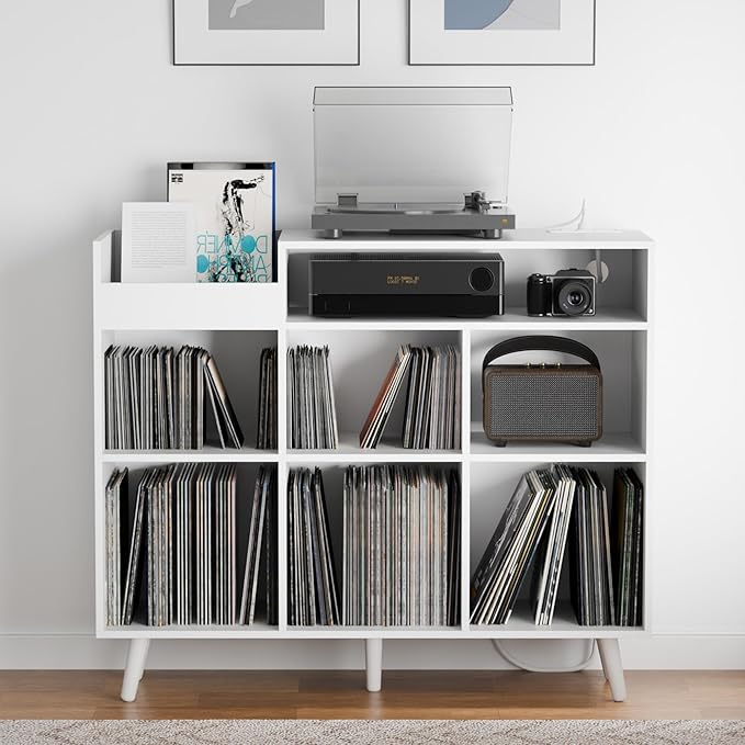 Cozy Castle Large Record Player Stand, Vinyl Storage Cabinet Mid Century Modern Turntable Stand Media Console Table Open Shelf Cube CD Album Holder Organizer for Living Room, Office, White