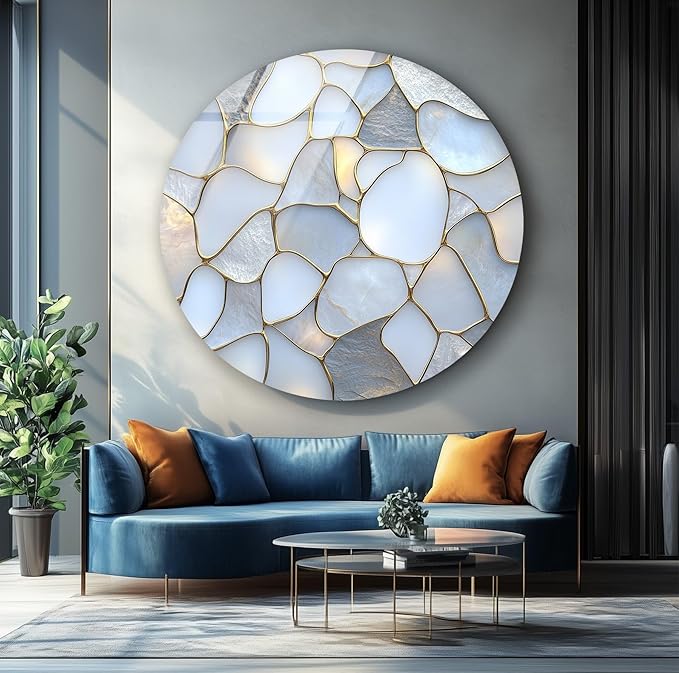My Photostation.com 15.8''(40cm) Diameter White Stone Mosaic Round Glass Wall Art Tempered Glass Printing Wall Decor Large Wall Art Wall Hangings