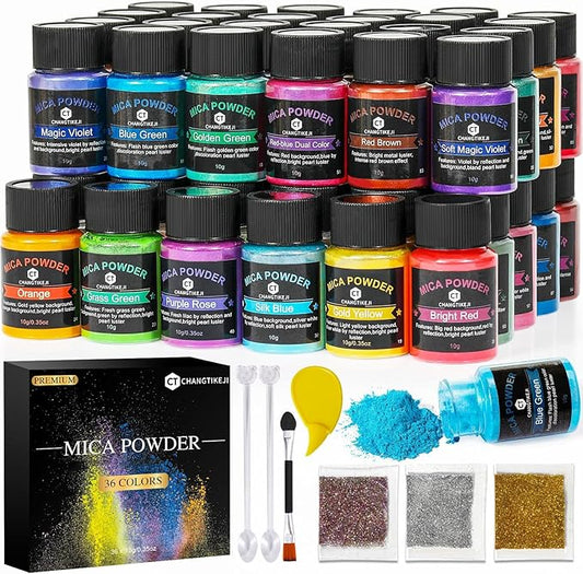 CHANGTIKEJI Mica Powder，36 Colors - 10g/Bottle of Natural Pigment Powder for Epoxy Resin，Soap Making，Candle Making,Lip Gloss,Car Freshies,Dye,Nail Polish,Bath Bombs