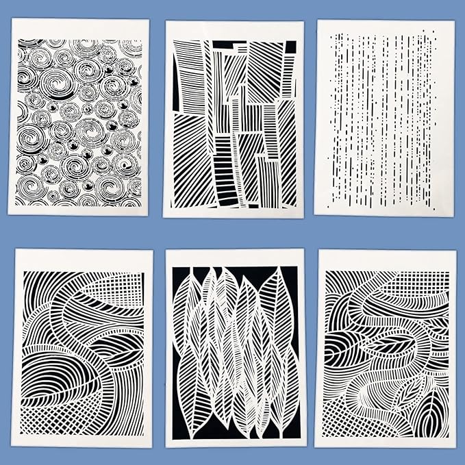 TIAMECH 6 Pcs A4 Reusable Geometric Stencils for Painting - Hollow Leaves & Abstract Curve Lines Texture Layering Templates, DIY Wall Art, Furniture, Scrapbook & Crafts