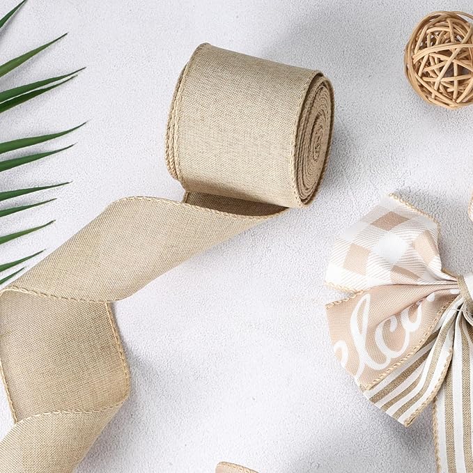 Burlap Ribbon Wired, Farmhouse Rustic Ribbon for Gifts Wrapping DIY Crafts Floral Bows Wreath Making Party Supplies Holiday Home Decoration, 2.5 Inch x 10 Yards