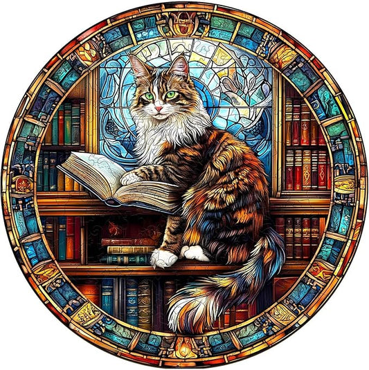 Wooden Puzzles Adults, Maine Cat Library Wooden Puzzles 200 Pieces, Unique Animal Shaped Wood Challenging Jigsaw Puzzles Gifts for Adults, 11.4x11.4in