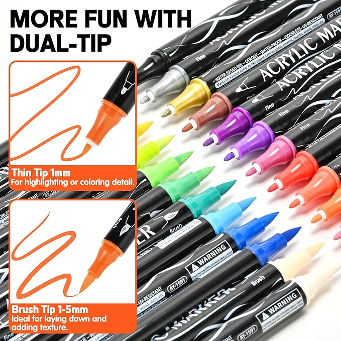 24 Colors Dual Tip Acrylic Paint Markers, Acrylic Paint Pens with Fine Tip and Brush Tip for Rock Painting, Wood, Plastic, Glass, Canvas, Fabric, Pumpkin, DIY Crafts Making Art Supplies