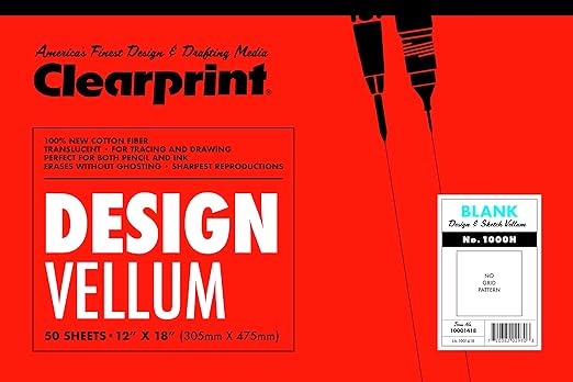 Clearprint 12" x 18" 1000H Design Vellum Pad, 16 lb., 100% Cotton, 50 Sheets, 1 Each
