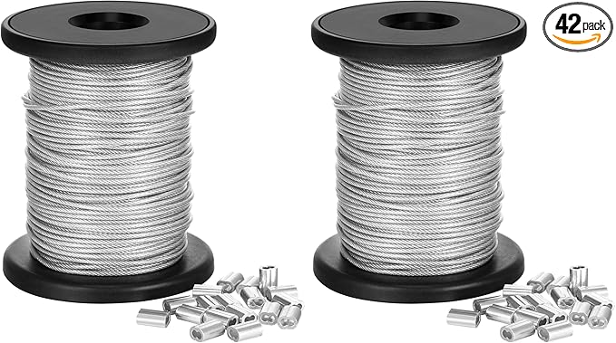 Chengu Vinyl Coated Picture Frame Hanging Wire, Stainless Steel Wire Spool with 20 Pieces Aluminum Crimping Loop Sleeve, Supports up to 110 Lbs (1.5 mm x 98 Feet) (Pack of 2)