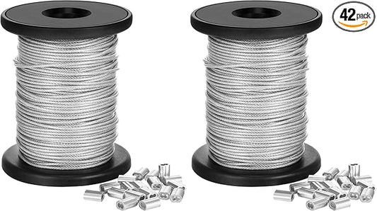 Chengu Vinyl Coated Picture Frame Hanging Wire, Stainless Steel Wire Spool with 20 Pieces Aluminum Crimping Loop Sleeve, Supports up to 110 Lbs (1.5 mm x 98 Feet) (Pack of 2)