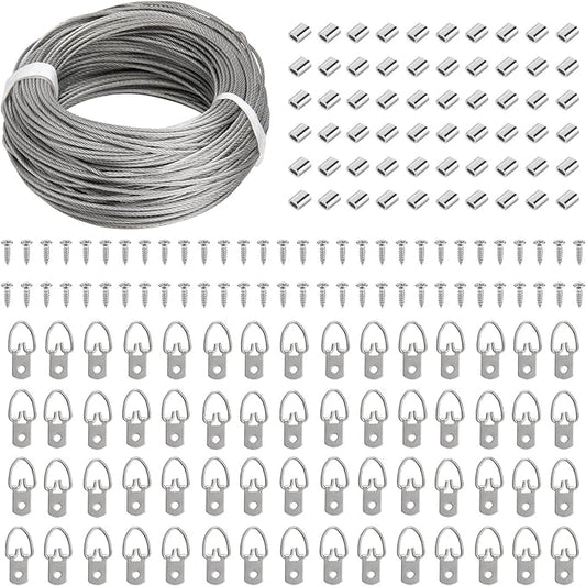 Blisstime Picture Hanging Kit - 100 Feet Braided Hanging Wire, 60 Pcs D Ring Picture Hangers with Screws and 60 Pcs Aluminum Crimping Loop Sleeve for Canvas Paintings, Photo Frames