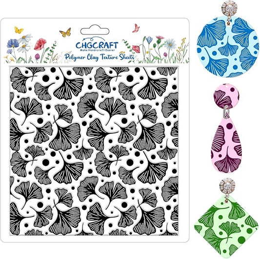 CHGCRAFT Ginkgo Biloba Plant Polymer Clay Texture Sheets Ginkgo Leaf Pattern Silicone Texture Stamp Clay Texture Mat Modeling Pattern Pad Sheets for Jewelry and Earrings Tools, 5.5x5.5 inch