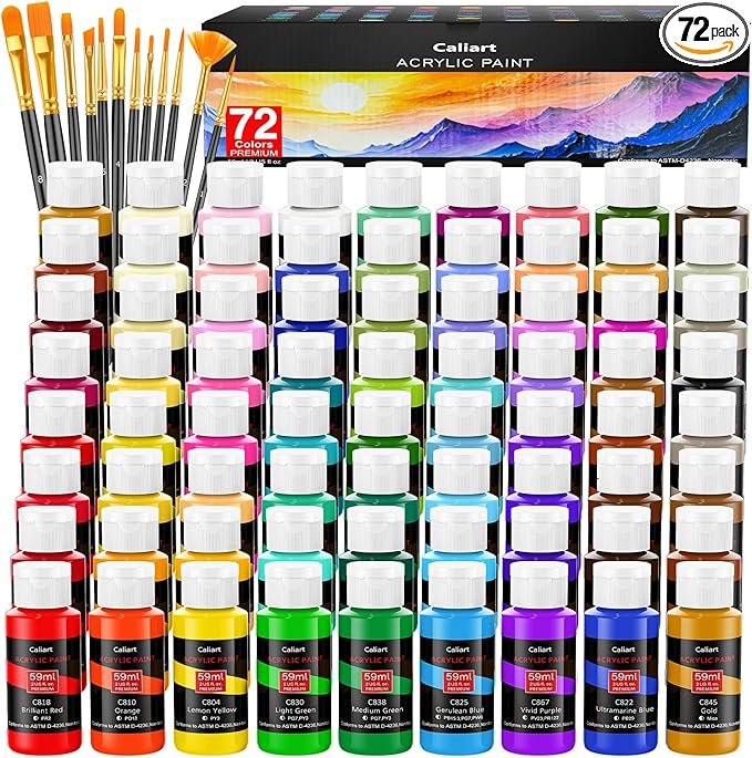 Caliart Acrylic Paint Set with 12 Brushes, 72 Colors (59ml, 2oz) Art Craft Paints Gifts for Artists Adults Beginners Painters, Halloween Pumpkin Canvas Ceramic Rock Painting Kit Art Supplies
