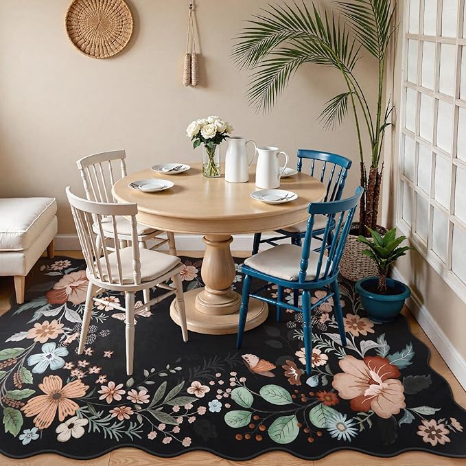 Beeiva 6x9 Rug for Living Room - Scalloped Floral Printed Bedroom Rug Machine Washable Area Rug Soft Area Rug Boho Ultra-Thin Stain Resistant Aesthetic Carpet for Playroom Dorm Office(Black,6x9ft)