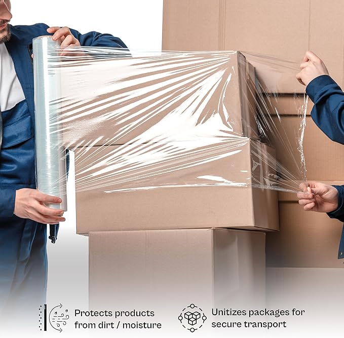 PSBM Stretch Wrap, 4 Pack, 12 Inch x 1500 Feet, 65 Gauge, Clear Plastic Cling, Cast Hand Stretch Film Rolls for Packaging Moving Packing Pallets