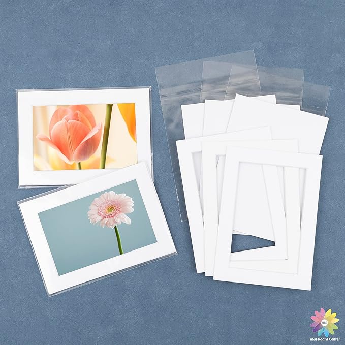 Mat Board Center, Pack of 10, 16x20 for 11x14 White Picture Mat Sets - Acid Free, 4-ply Thickness, Bevel Pre-Cut White Core - Includes Backing Boards and Clear Bags - for Pictures, Photos, Framing