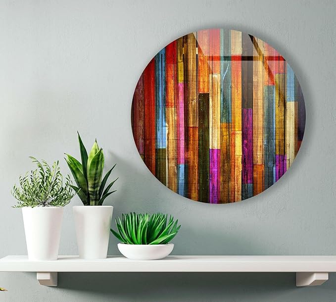 My Photostation.com 20''(50cm) Diameter Colorful Wood Pattern Round Glass Wall Art Tempered Glass Printing Wall Decor Large Wall Art Wall Hangings