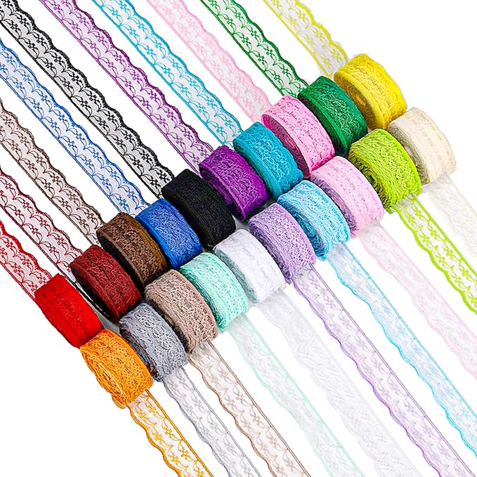 Swpeet 20 Rolls in Total 200 Yards 2.2cm×10 Yards Colorful Lace Ribbon Unilateral Floral Pattern Fabric Lace Ribbon, Lace Trim Ribbon Crafting Lace for Wedding Decorating, Sewing Gift Wrapping