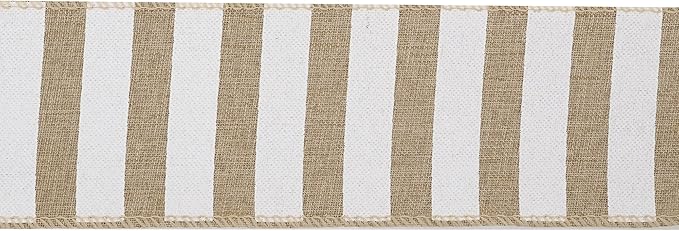 MEEDEE Burlap Ribbon with White Stripe Burlap Ribbon 2.5 Inch Wired Ribbon for Cakes Gift Basket Bow Wreath Ribbon for Rustic Front Door Wreath Baby Shower Beach Party Farmhouse Decor, 10 Yards