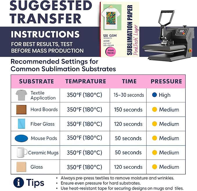 Hayes 110 Sheets Sublimation Paper 8.5x11 Inch Letter Size | 120gsm Heat Transfer Paper for Inkjet Printers | Use on Mugs, T-Shirts, Light Fabrics | Compatible With Sublimation Printers