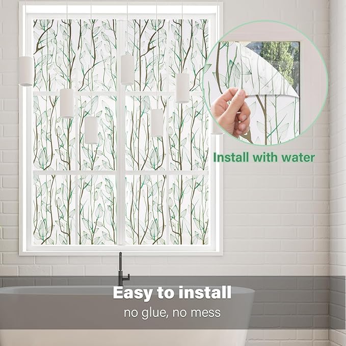 Donox Frosted Glass Window Film Heat Control UV Blocking, Static Cling Reusable Home Bathroom Door Window Privacy Film, Green Leaf Pattern Window Covering with Installation Tool, 23.6 in x 6.5 feet