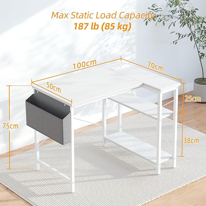 TIQLAB Small Computer Desk with Power Outlets, 40 Inch L Shaped Desk with Reversible Shelves, Gaming Desk Corner Desk Study Writing Desk for Home Office Bedroom Small Space, White