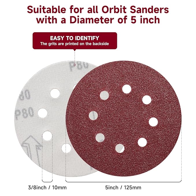 100 PCS 5 Inch Sanding Discs 100 Grit, Round Hook and Loop Sandpaper for Random Orbital Sander