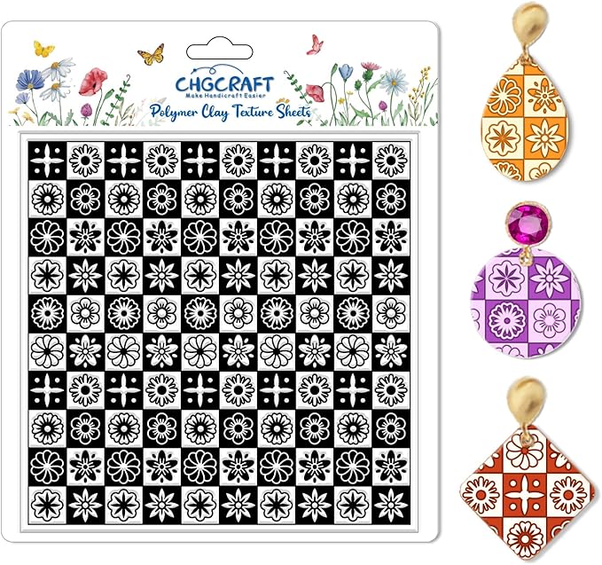 CHGCRAFT Lattice Pattern Polymer Clay Texture Sheets Geometric Flowers Silicone Texture Stamp Clay Texture Mat Modeling Pattern Pad Sheets for Jewelry and Earrings Tools, 5.5x5.5 inch