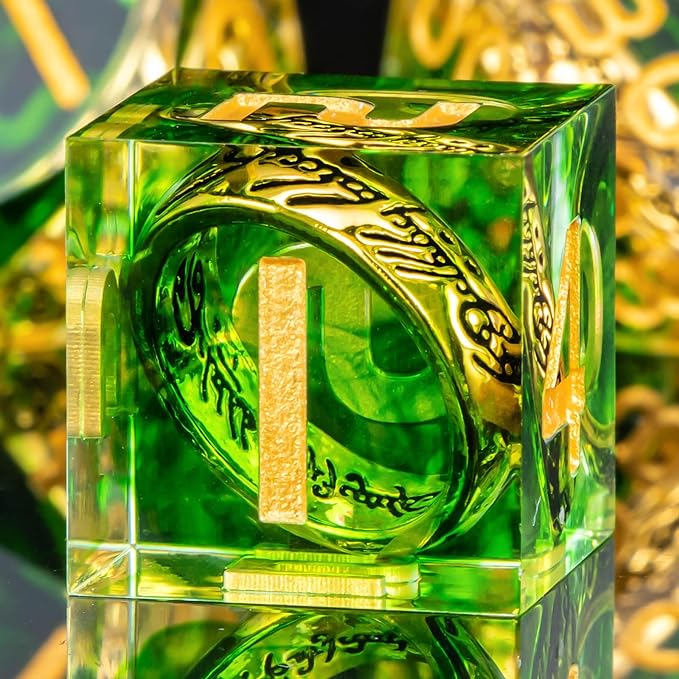OUKELANWO Magic Lord Rings DND Dice Set with Box, 7Pcs Resin LOTR D&D Dice Set for Role Playing Game, Green Gold Dungeons Dragons D and D Sharp Edge Dice D20 D12 D10 D8 D6 D4