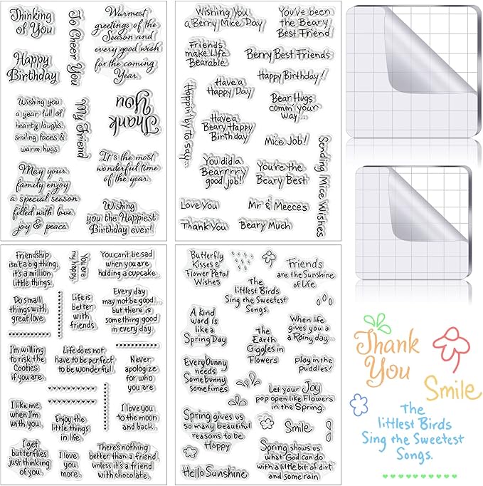 4 Sheets Sentiments Rubber Clear Stamps Set for Card Making and DIY Scrapbooking Journaling 2 Acrylic Stamp Blocks with Grid Lines for Birthday Wedding Wife Husband Anniversary Special Occasion Cards