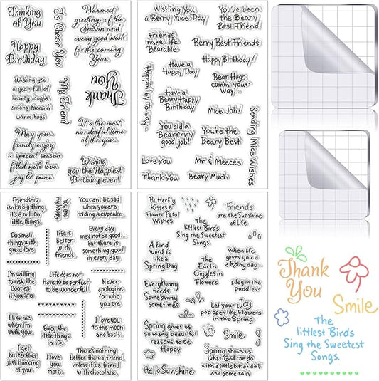 4 Sheets Sentiments Rubber Clear Stamps Set for Card Making and DIY Scrapbooking Journaling 2 Acrylic Stamp Blocks with Grid Lines for Birthday Wedding Wife Husband Anniversary Special Occasion Cards