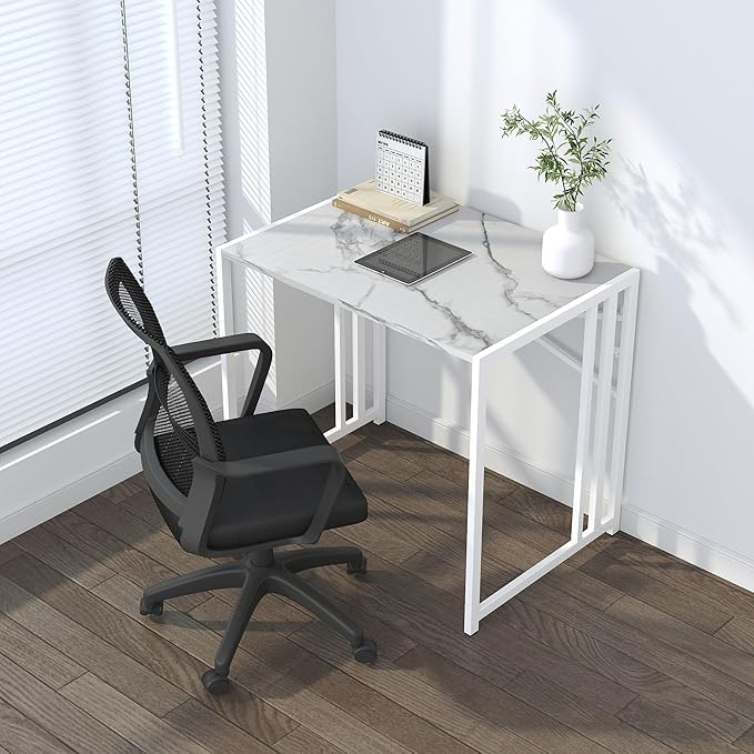 32 inch Folding Small Desk, Writing Gaming Computer Camping Desk for Small Spaces, No Assembly Required Home Office Desk, White Marble