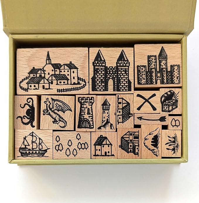 Lord Of Maps Fantasy Map-Making Stamp Kit – 16-Piece Rubber Stamp Set for TTRPG, World Building, Battle Maps, Jounaling, Arts & Crafts - Mountains, Hills, Volcano, Lake, Compass Rose