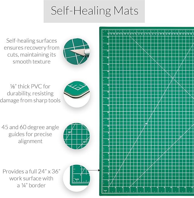 WA Portman Self Healing Cutting Mat & Rotary Cutter Set – 45mm Rotary Cutter for Fabric with 5 Extra Blades with 24x36 Fabric Cutting Mats for Crafts & 6x24 Acrylic Quilting Rulers – 3pc Sewing Kit