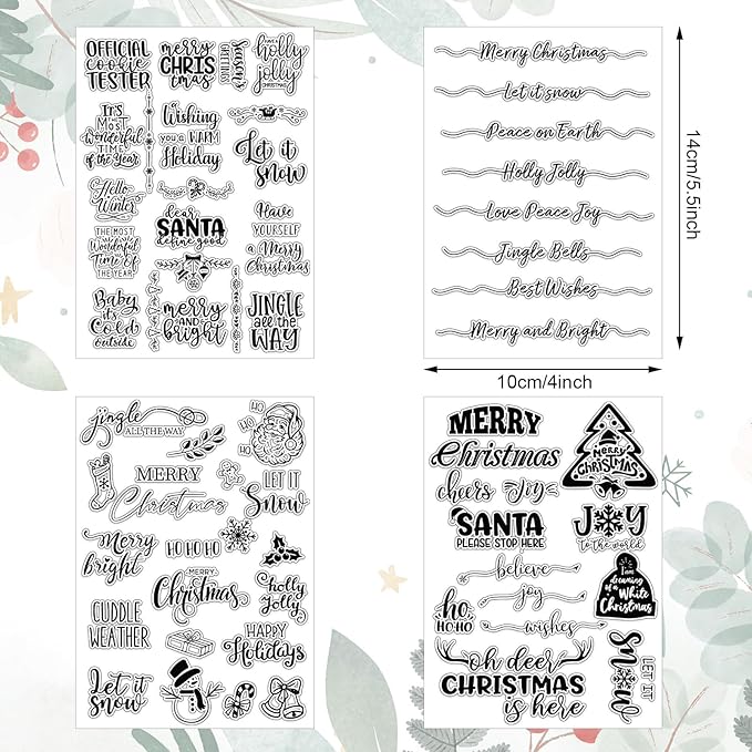 Whaline 4 Sheet Christmas Words Clear Stamps Greeting Words Santa Xmas Tree Pattern Silicone Transparent Stamps Border Stamp Cards for DIY Craft Card Making Scrapbooking Embossing Album Decor