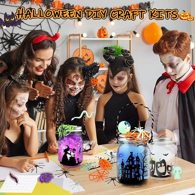 SpringFlower 8 Pack Halloween DIY Arts and Crafts Kits for Kids Ages 6-8, 8-12, Halloween Mason Jar with Accessories for DIY Lantern Jar, Art & Craft Party Supplies for Classroom Kids