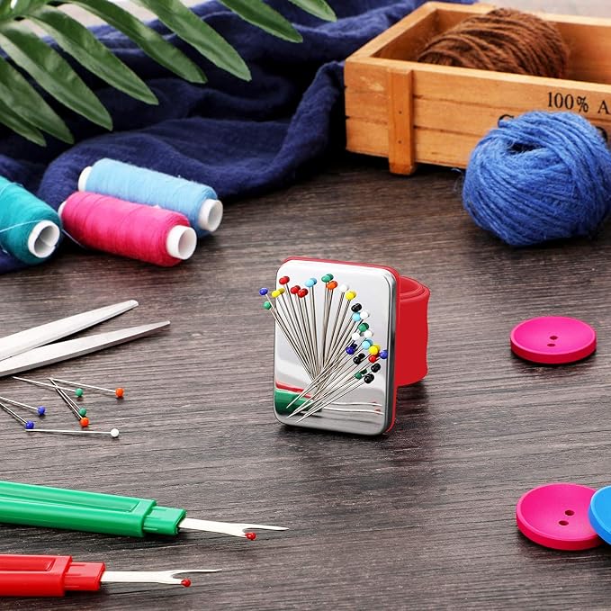 WILLBOND Magnetic Wrist Sewing Pincushion Wrist Magnetic Pin Holder Wristband Pin Cushion Holder with 3 Pcs Stainless Steel Pintail Comb Rat Tail Comb for Hair Clips Hand Sewing(Red)