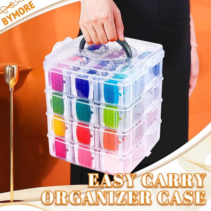 262 Pack Embroidery Thread Floss Kit Including 200 Colors 8 M/Pcs Cross Stitch Sewing Thread with Floss Bins and 62 Pcs Cross Stitch Tool,4-Tier Transparent Storage Box