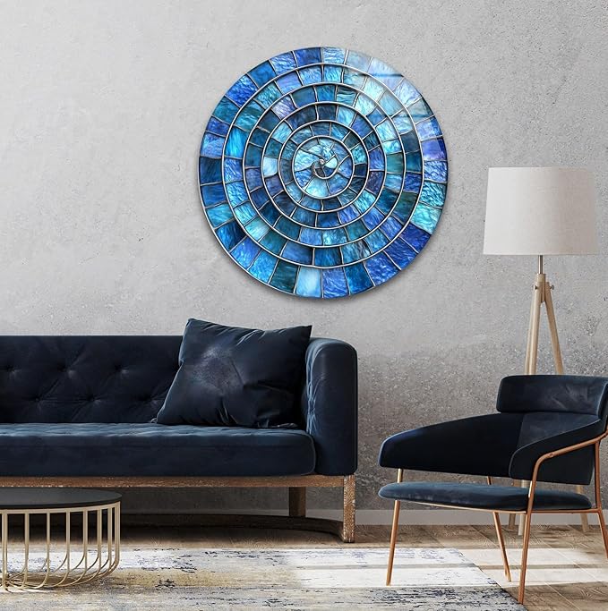 My Photostation.com 39,4''(100cm) Diameter Blue Aqua Spiral Harmony Round Glass Wall Art Tempered Glass Printing Wall Decor Large Wall Art Wall Hangings